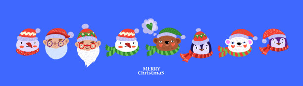 圣诞人物向量集企鹅，小精灵，雪人，圣诞老人，北极熊的服装，帽子和围巾。图片下载