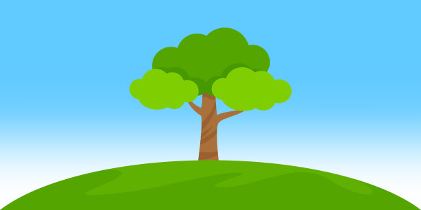 树景观在山上的背景复制空间文本，剪贴艺术简单的树，单一的树平铺，树在岛山和天空美丽的夏日卡通风格图片下载