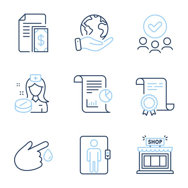 献血，电梯和支付图标集。“购买”、“报告”和“护士”标志。向量图片下载