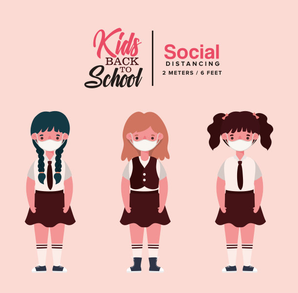 女孩孩子们穿着制服带着医用口罩矢量设计图片下载