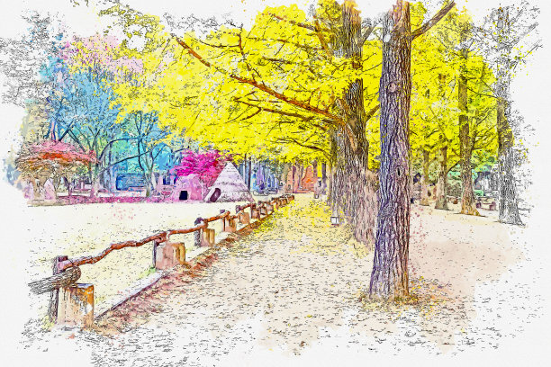 韩国奈美岛秋日银杏黄叶水彩画。图片下载