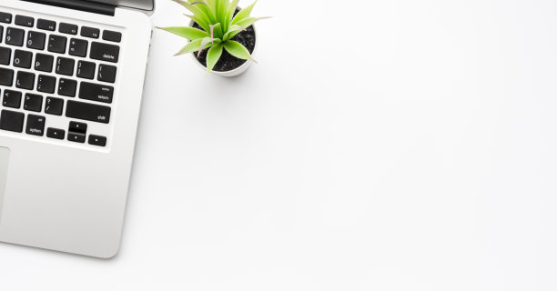 白色极简主义办公桌，配有笔记本电脑和仙人掌壶。俯视图带有复制空间，平铺。图片下载