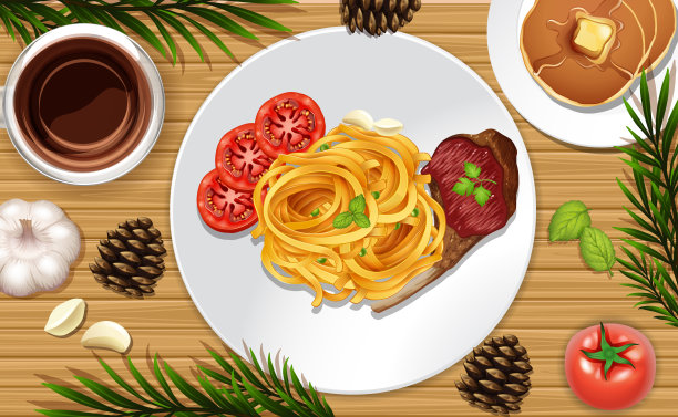 意大利面和牛排近距离的桌子背景与一些树叶道具图片下载