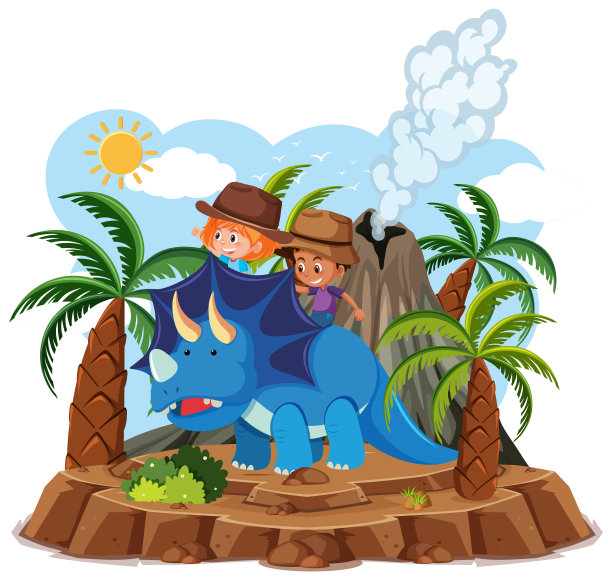 孩子们骑着可爱的恐龙，火山喷发孤立在白色的背景图片下载