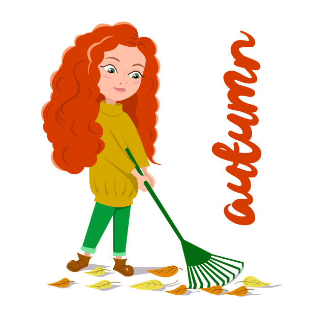 这个女孩用绿色的耙子清除秋天的树叶。一个穿黄色毛衣的红头发女孩。秋天的问候。矢量插图在一个孤立的白色背景。图片下载