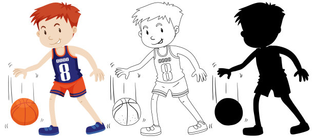 男孩打篮球的颜色和轮廓和剪影图片下载