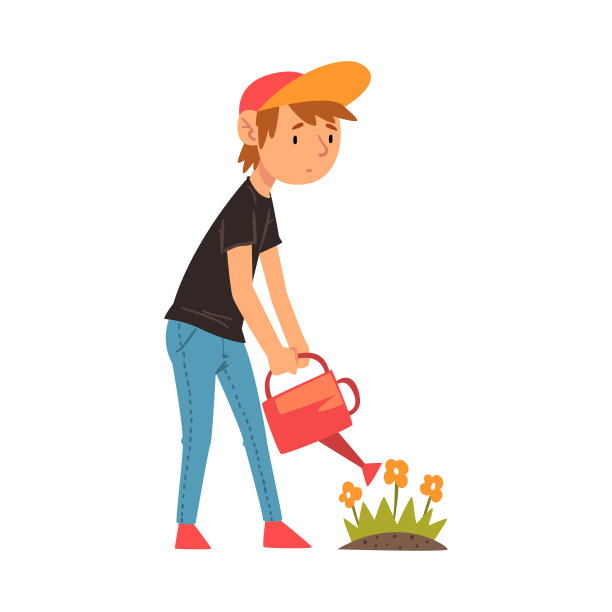 可爱的男孩在花园里用喷壶浇花矢量插图图片下载