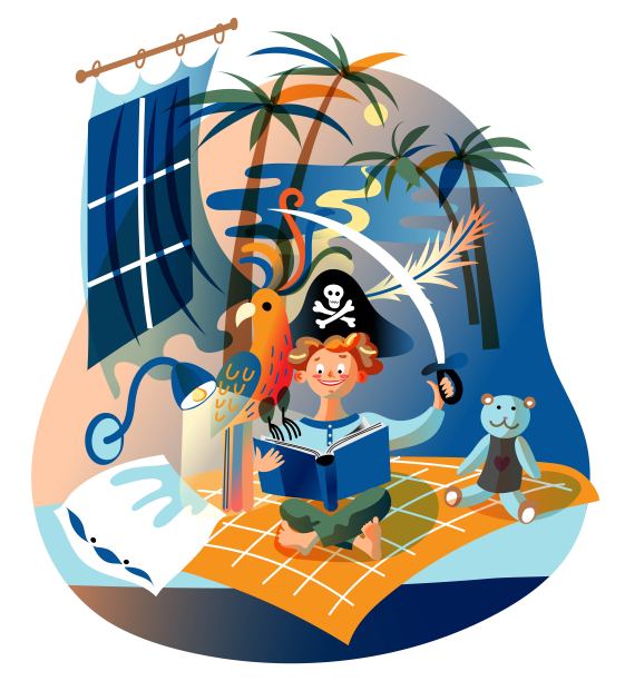 男孩正在读一本海盗冒险书。戴着船长帽子的孩子图片下载