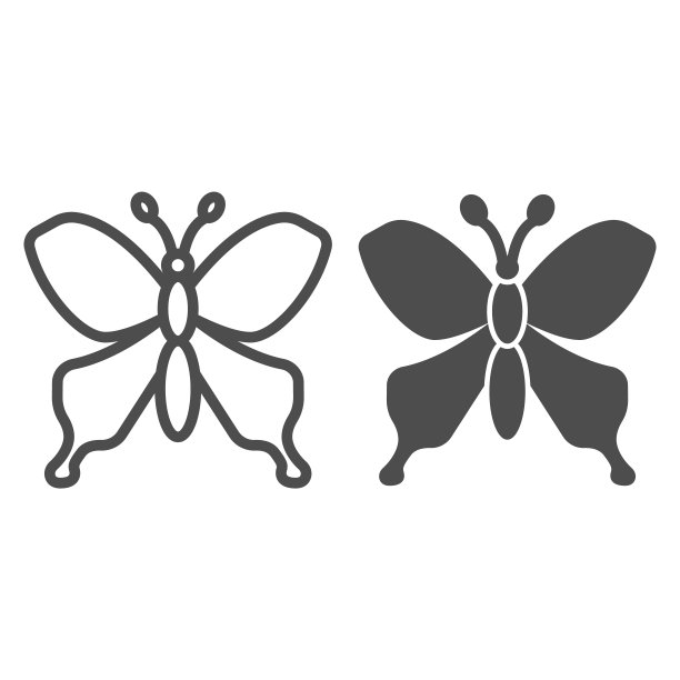 蝴蝶线和固体图标，昆虫概念，美丽的飞行昆虫标志在白色的背景，蝴蝶剪影图标在轮廓风格的移动概念和网页设计。矢量图形。图片下载
