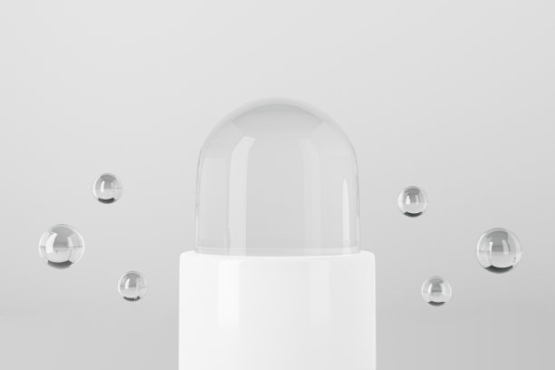 玻璃穹顶的3D渲染与托盘隔离在白色背景抽象的展示，产品展示表。真实的空玻璃圆柱体在展示台上与飞行的气泡球。图片下载