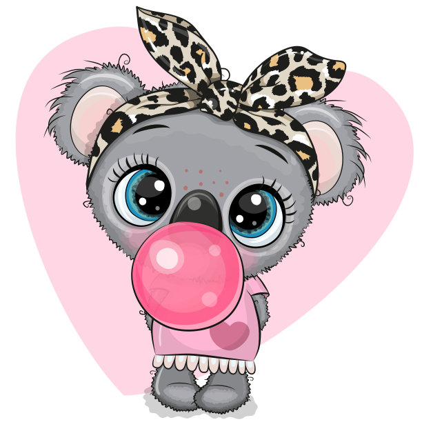 带着蝴蝶结和泡泡糖的卡通考拉女孩图片下载