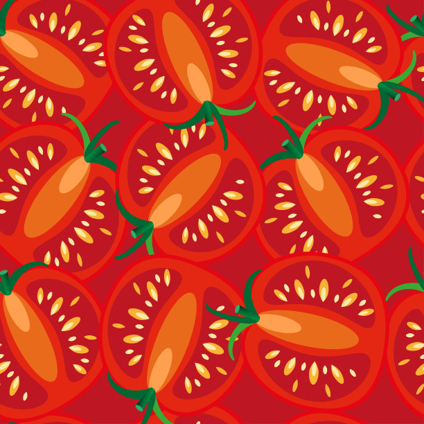熟透的红番茄切成片。亮猩红色无缝图案。矢量插图的广告，包装，市场，纺织品，盘子。图片下载
