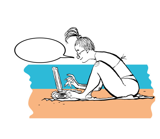 在海滩上工作的女孩。在海滩上拿着笔记本电脑的女孩。海上的自由职业者图片下载