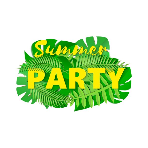 字党组成与创造性的绿色树叶蓝色背景剪纸风格。热带叶黄色字母设计海报，横幅，传单t恤印刷矢量插图卡。图片下载