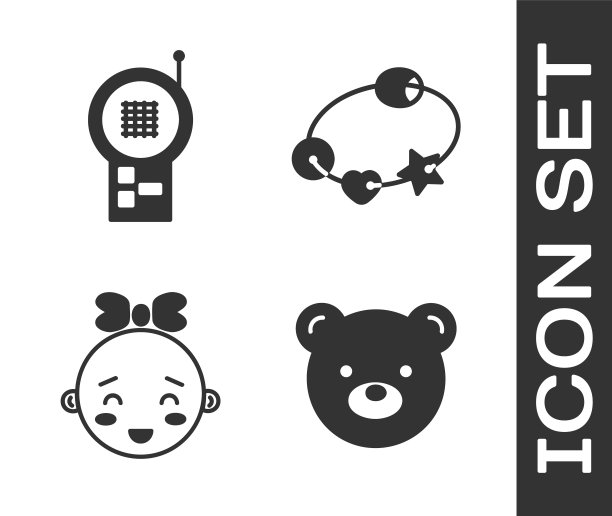 设置泰迪熊毛绒玩具，婴儿监视器对讲机，快乐小女孩头和拨浪鼓婴儿玩具图标。向量图片下载