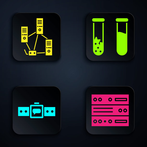 集服务器，数据，主机，计算机网络，智能手表，试管和烧瓶。黑色方形按钮。向量图片下载