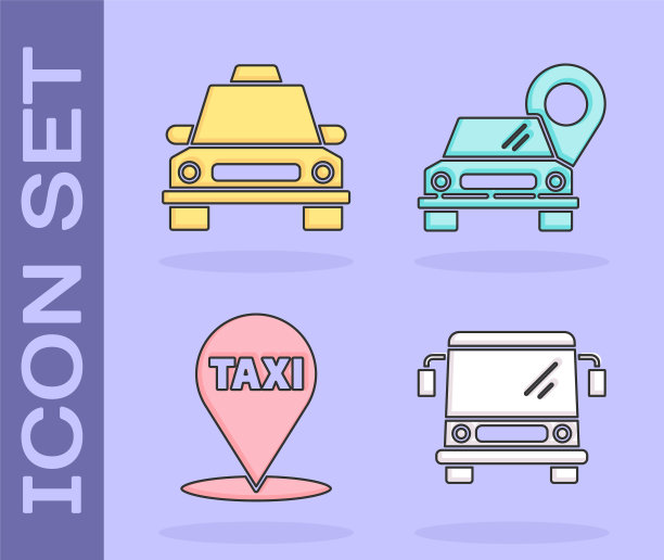 设置巴士，出租车汽车，地图指针与出租车和地图指针与出租车图标。向量图片下载