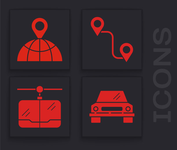 设置汽车，位置在全球，路线位置和缆车图标。向量图片下载