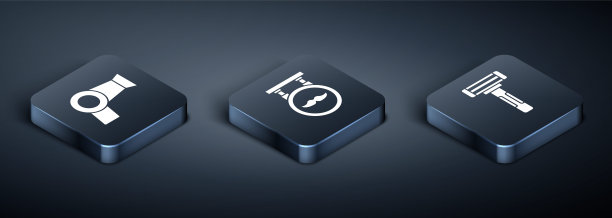 设置等距吹风机，剃须刀和理发店图标。向量图片下载