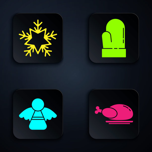 设置烤火鸡或鸡，雪花，圣诞天使和圣诞手套。黑色方形按钮。向量图片下载