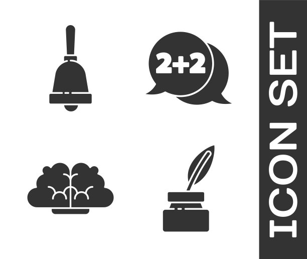 设置羽毛和墨水瓶，铃声，人脑和方程式解决图标。向量图片下载