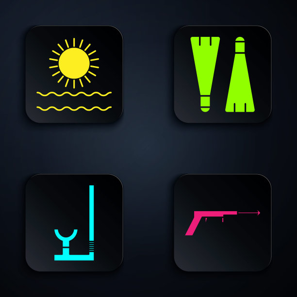 设置鱼叉，太阳和海浪，通气管和橡胶鳍游泳。黑色方形按钮。向量图片下载