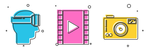 设置虚拟现实眼镜，播放视频和照片的相机图标。向量图片下载