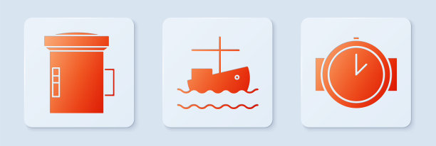 设置渔船水上，大手电筒潜水员和潜水手表。白色方形按钮。向量图片下载