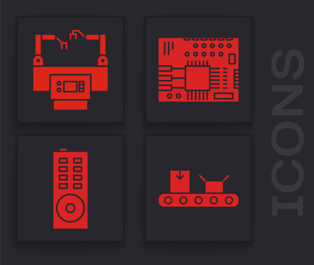设置输送带与纸箱，装配线，印刷电路板PCB和远程控制图标。向量图片下载
