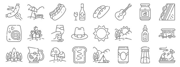 野餐线图标。线性集。质量矢量线设置如烟，啤酒罐，面包，森林，瓶子，酒杯，三明治，面包，日光浴图片下载