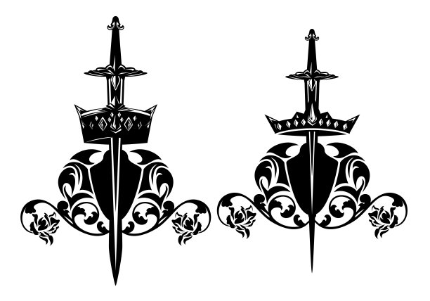 皇家皇冠，剑和玫瑰花轮廓为矢量纹章设计图片下载