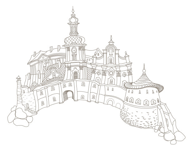 矢量轮廓勾勒出梦幻景观，童话小镇中世纪山上的城堡。黑白T恤印花，旅游手册插图，成人涂色书页图片下载