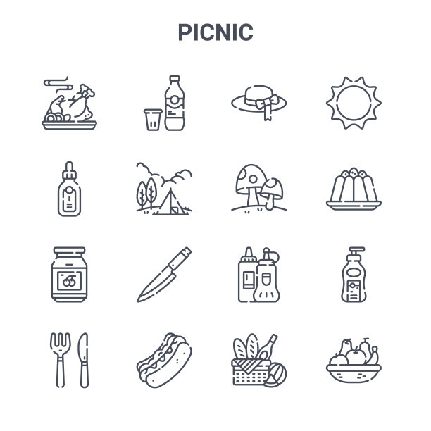 一组16野餐概念向量线图标。苏打，瓶子，布丁，番茄酱，热狗，水果，野餐，蘑菇，太阳等图标图片下载