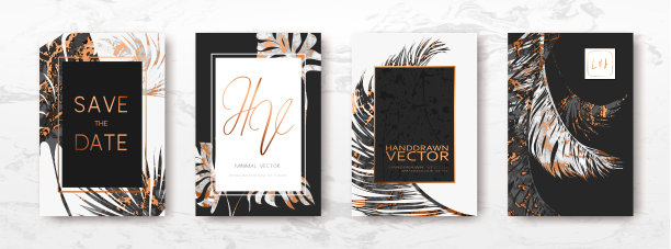 新潮的矢量横幅棕榈叶，金色，黑色，白色大理石模板，艺术封面设计，丰富多彩的纹理，现代的背景。图片下载