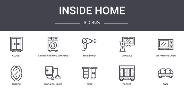 在家里的概念线图标设置。包含图标，可用于web，标志，用户界面/用户体验，如智能洗衣机，控制台，镜子，书桌，壁橱，沙发，微波炉，吹风机图片下载