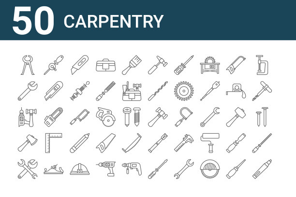 一套50个木工图标。勾勒出细线图标，如记号笔、修理工具、斧头、工具、扳手、手钻、锤子图片下载