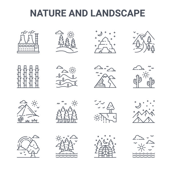一组16自然和景观概念向量线图标。64x64细描森林、竹子、沙漠、树木、森林、太阳、露营帐篷、山脉、小路等图标图片下载