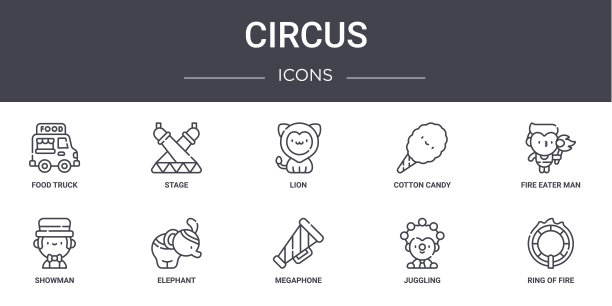 马戏团概念线图标集。包含可用于web, logo, ui/ux的图标，如舞台，棉花糖，表演者，扩音器，杂耍，火的铃声，吃火的人，狮子图片下载