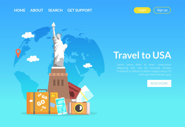 旅行到美国着陆页面模板，网站界面与著名的地标矢量插图图片下载
