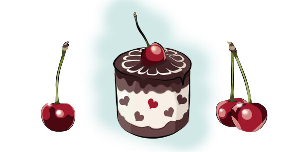 巧克力蛋糕和樱桃的彩色插图图片下载