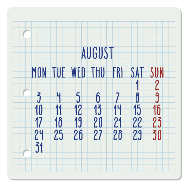 2020年8月每月笔记本页日历图片下载