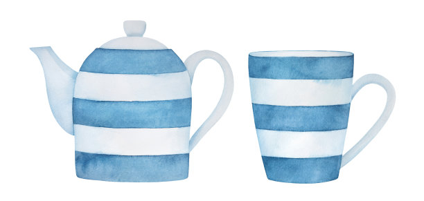 水彩插图收藏茶壶和茶杯套装，饰以蓝色条纹图案。手绘水彩素描在白色的背景，切出剪纸元素的设计。图片下载