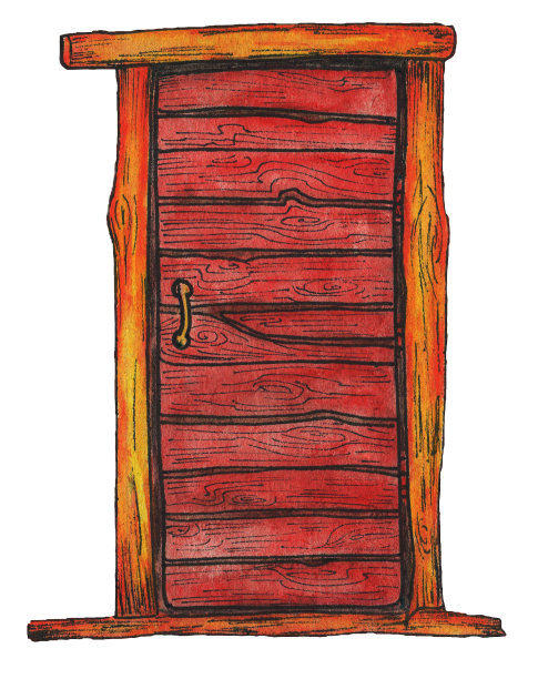 红色木门，彩色手绘水彩插图图片下载