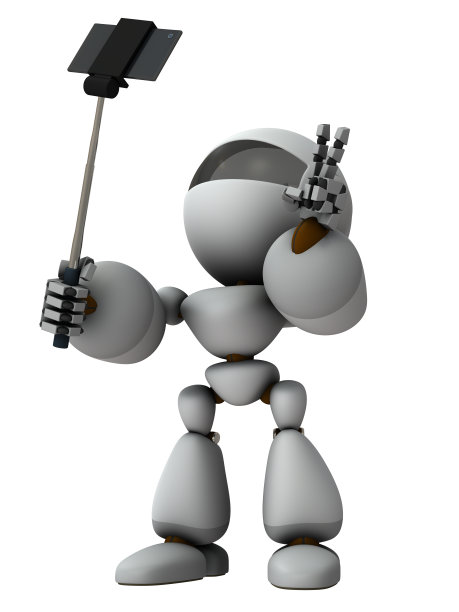 喜欢自拍的人工智能机器人。白色背景。3 d演示。图片下载