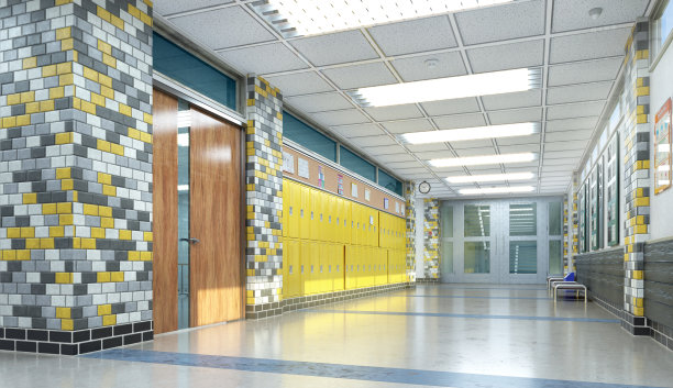 学校走廊内部。三维演示图片下载