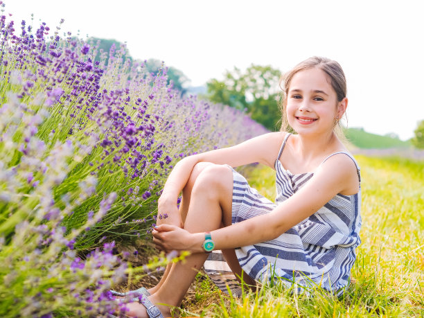 穿着衣服的小女孩坐在普罗旺斯薰衣草田之间。在夏日阳光下盛开的紫色薰衣草田。图片下载