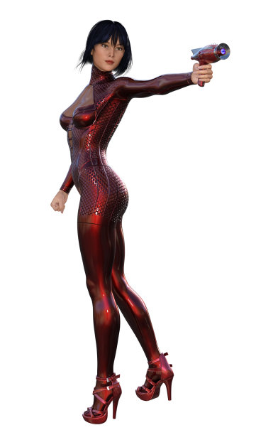 穿着红色裙子的迷人女孩，带枪的未来战士，3d插图图片下载