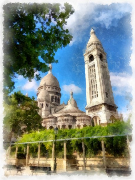 古堡映衬着蓝天，水彩画图片下载