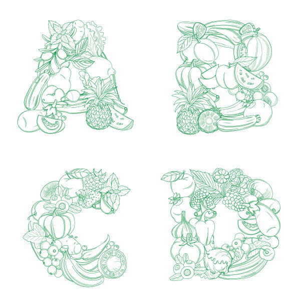 字母a, b, c, d图案标志农场新鲜水果和蔬菜图片下载