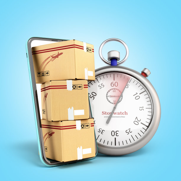 快速交付概念盒窥视出一个手机屏幕旁边是一个秒表3d渲染蓝色梯度图片下载